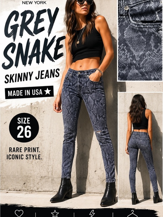 rag & bone Denim - Rag & Bone Grey Snake Print Skinny Jeans Size 26 Made USA